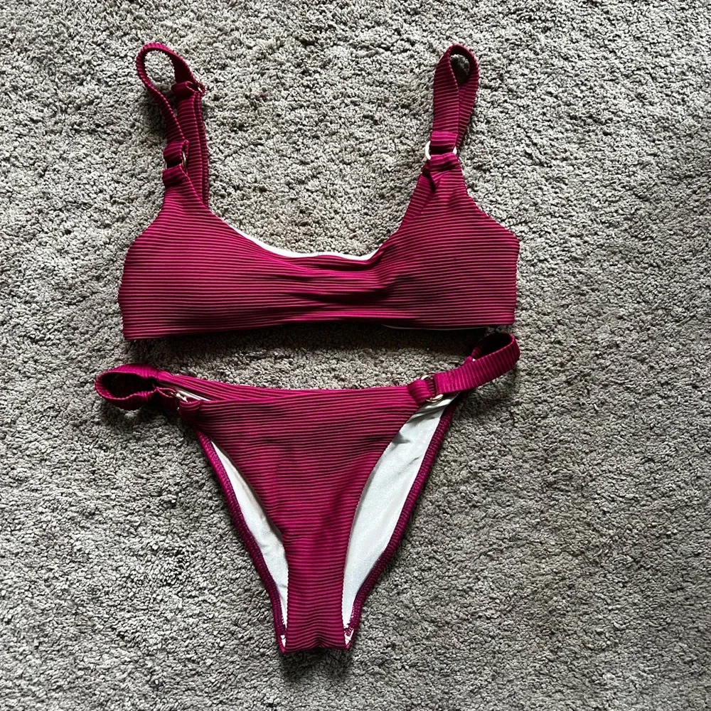 LA Hearts Maroon Ribbed Bikini Set - Picture 1 of 3